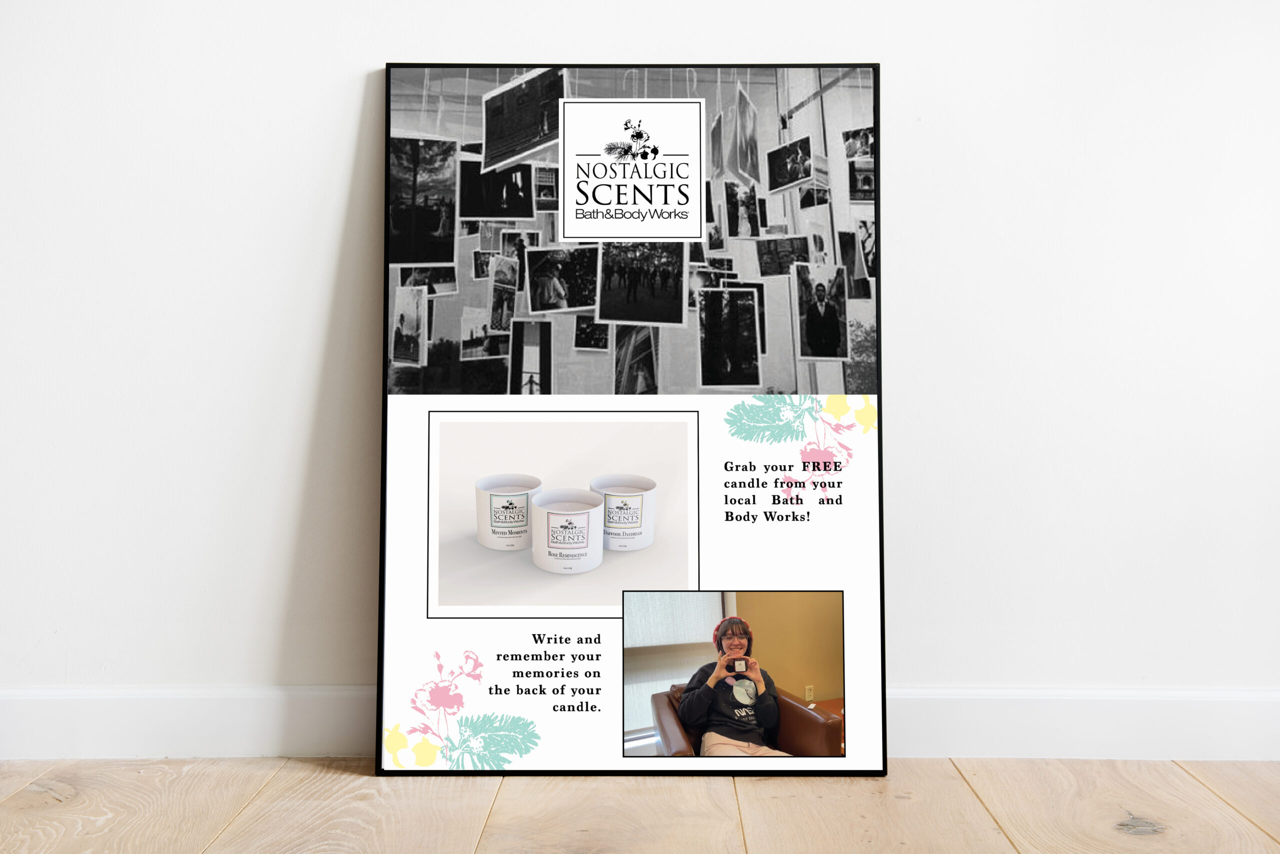 Poster made for nostalgic scents campaign that shares with viewers they receive a free candle mockup on a poster board on wooden floor