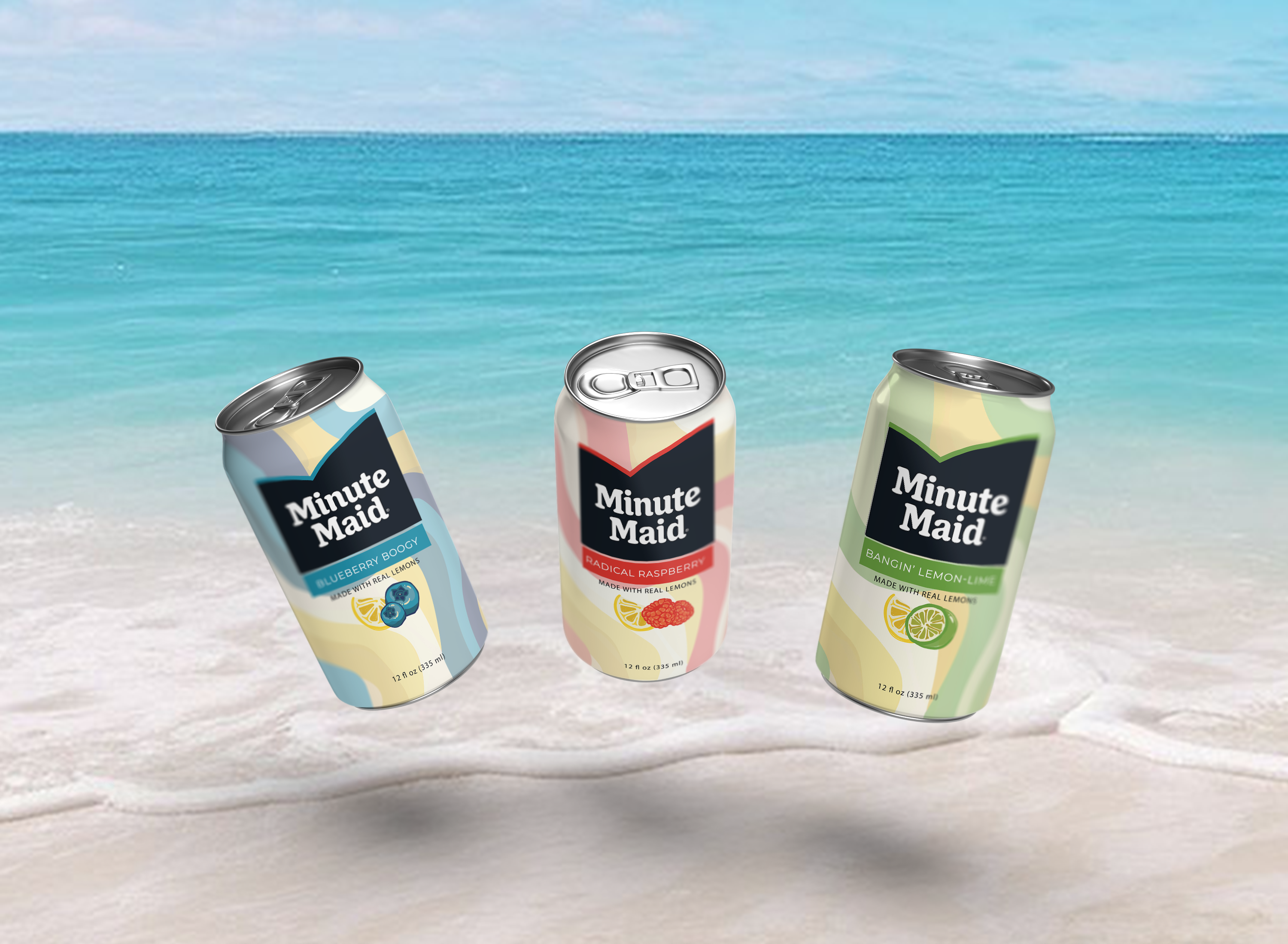 three minute maid lemonade cans on a beach background