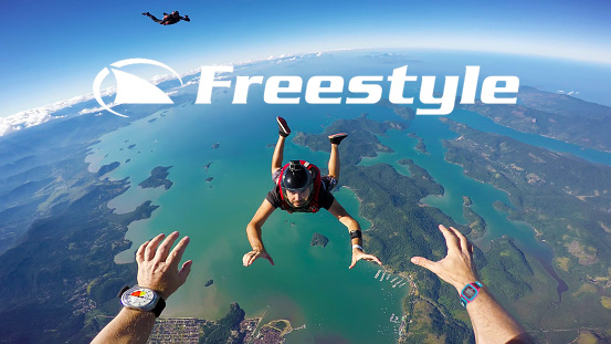 Freestyle shark watch ad picture of a personal perspective skydiving adventure with another person